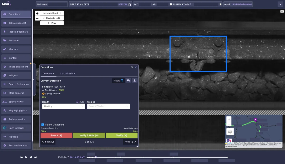 AiVR rail inspection interface displaying a grayscale track camera feed with a blue bounding box around a detected fishplate.