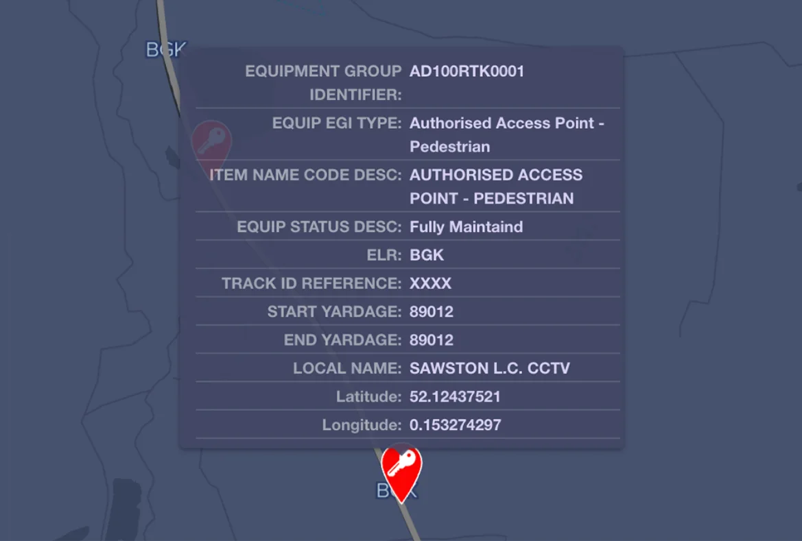 Screenshot of the AIVR Platform showing a mapped access point with full asset data including equipment identifier, ELR, location, and maintenance status.
