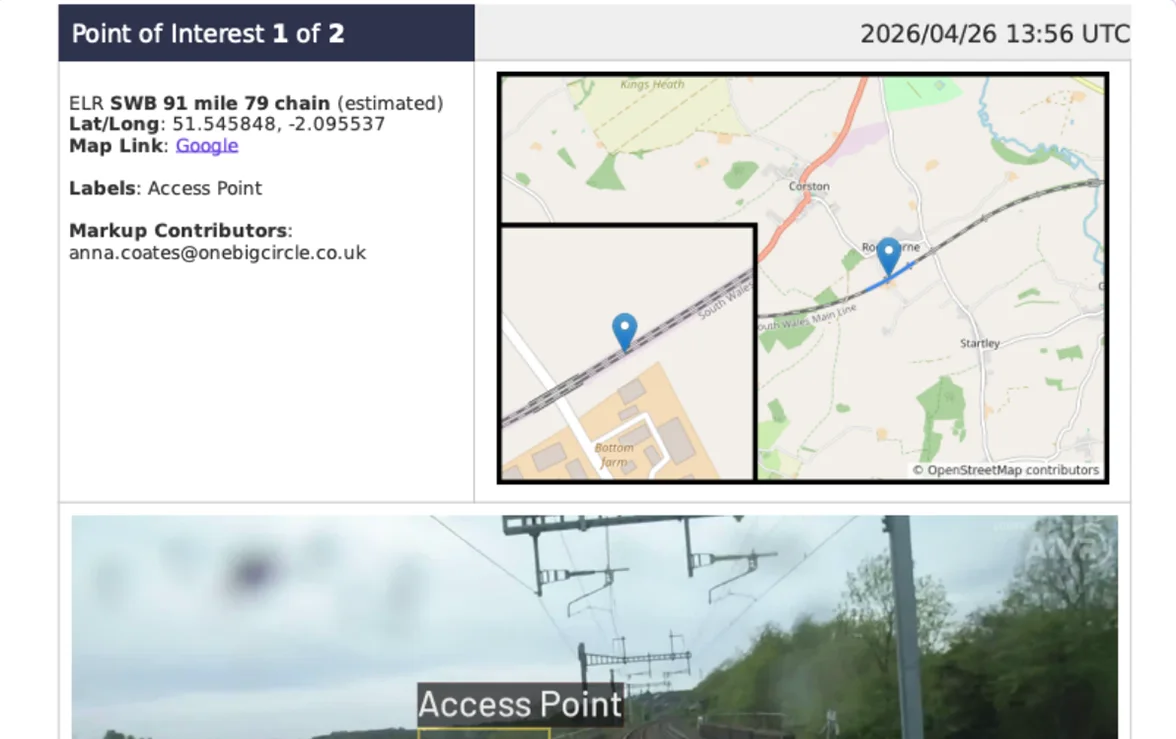 Exported AIVR report showing an access point location with ELR, latitude, longitude, and map views.