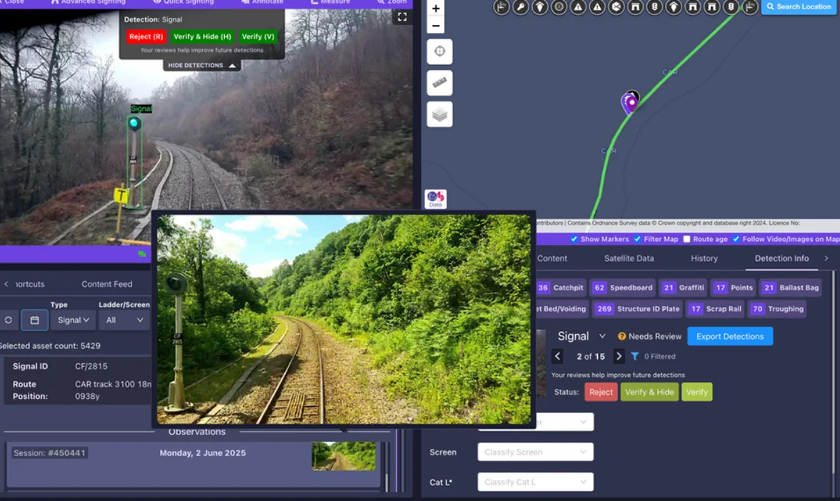 Screenshot of the AIVR Platform showing signal detection with asset ID, forward-facing video, route map, and detection classification panel.