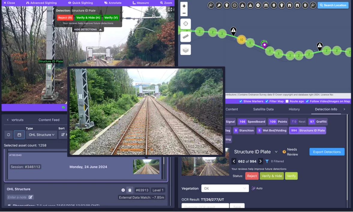 Pantograph camera view showing overhead line wire with height and stagger measurement overlays in green and red.