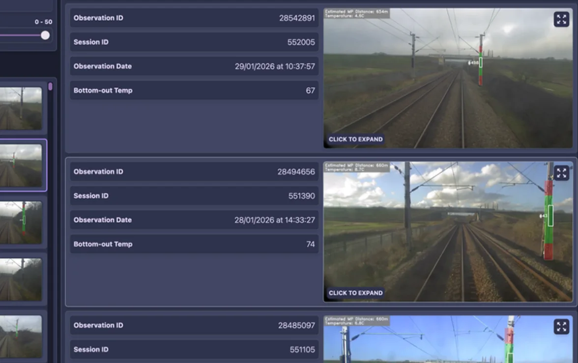 Screenshot of the AIVR Platform showing a list of OLE observations with session IDs, dates, temperatures, and forward-facing video thumbnails.