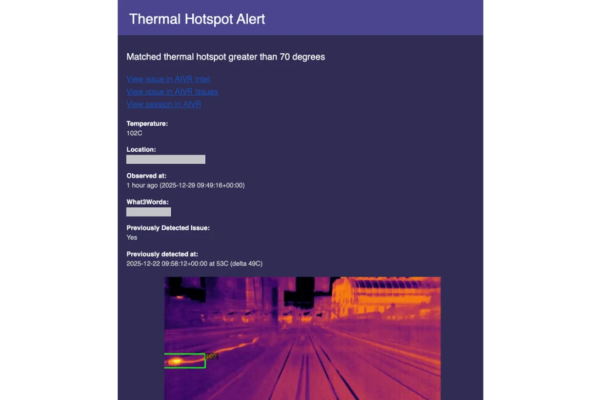 Screenshot of an automated AIVR thermal hotspot email alert showing temperature reading in degrees, location, time of detection, and thermal camera image.