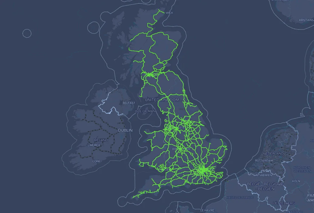 Map of the UK showing AIVR data capture routes traced in green across the rail network.