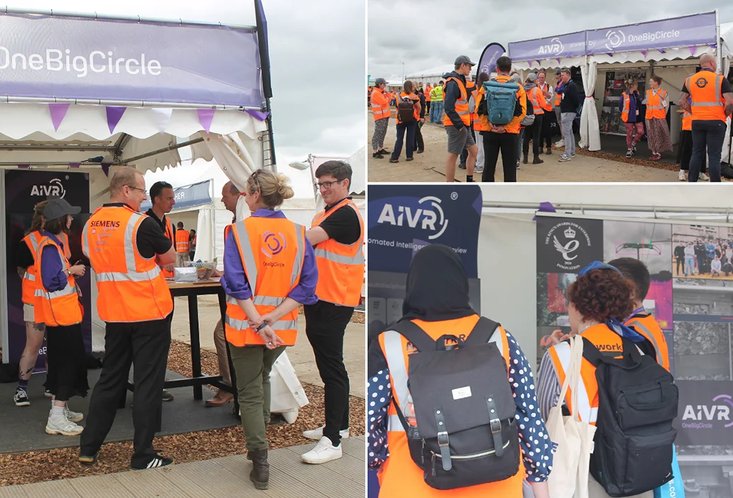 Collage of three photos from the AIVR stand at Rail Live 2026: OBC team members in hi-vis speaking with visitors at the stand counter, a queue of attendees gathered outside the stand.