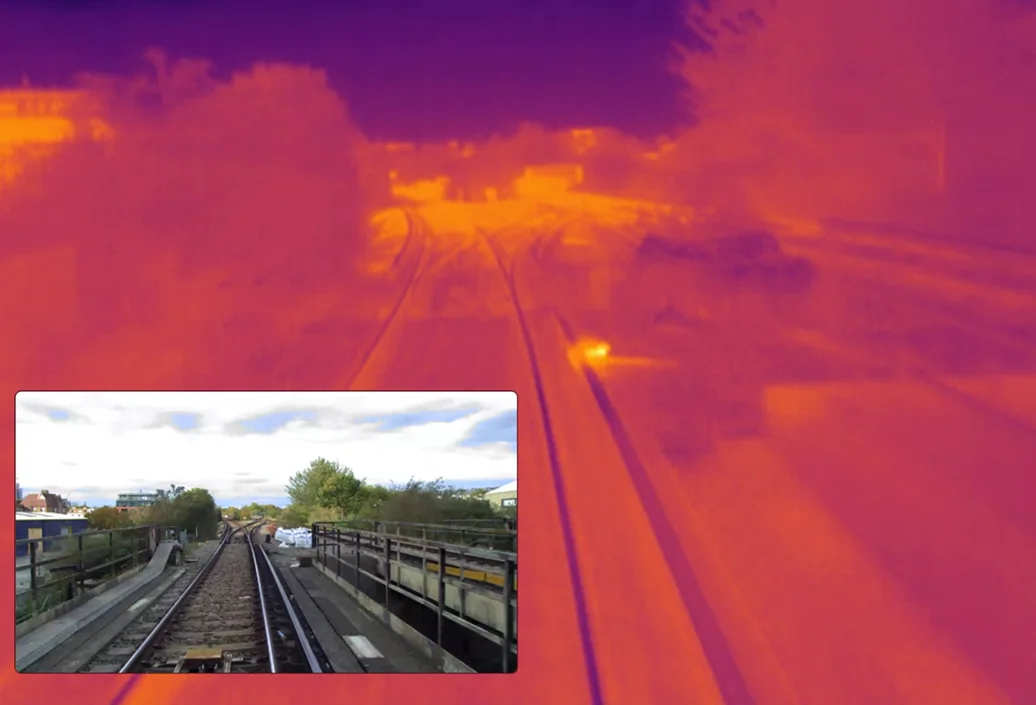 Split-screen comparison on the AIVR Platform: a large thermal camera image of a railway track in orange and purple tones with a bright hotspot, and a smaller inset showing the same location in standard forward-facing video.