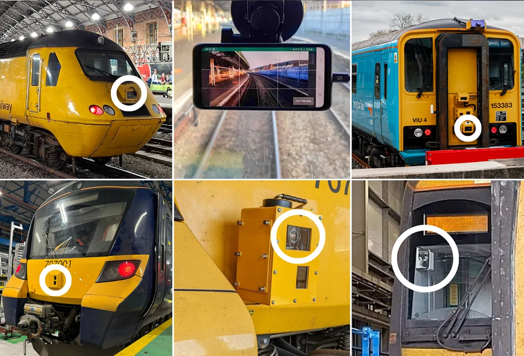 Grid of six photos showing forward-facing cameras mounted on different trains, each camera location circled in white, including a smartphone mounted on a windscreen showing track footage, a Class 153 unit, a Class 707 unit, a close-up of a yellow camera housing.