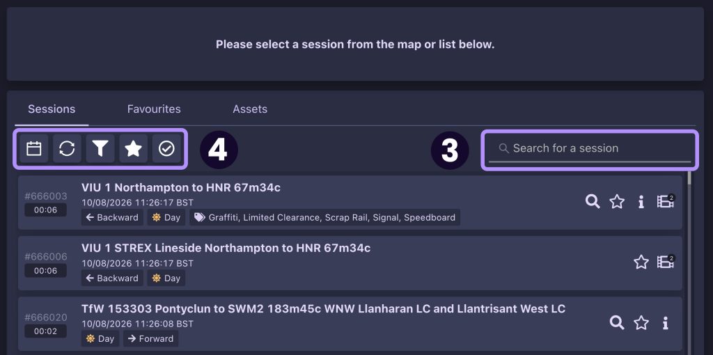 Screenshot showing the filtering options for sessions in the AIVR Platform