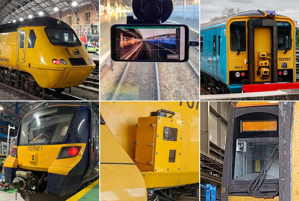 Six-panel image showing AIVR forward-facing video hardware in use: a heritage yellow and black train front at a station, a smartphone displaying a live rail track preview, a camera unit installed on a train door, a train cab interior with a driver, a yellow camera housing mounted on a train exterior, and a close-up of a camera unit installed above a train door.