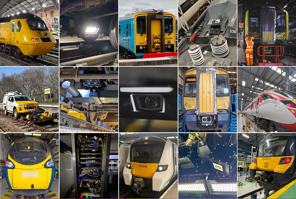 Fifteen-panel grid of AIVR installations and hardware across multiple UK train operators, including train fronts from Avanti West Coast, TransPennine Express, LNER and others, underbody and cab camera installations, overhead line equipment close-ups, a technician working on a train, a rail maintenance vehicle on track, and a server rack showing AIVR Connect hardware.