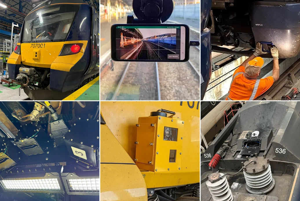 Six photographs of AIVR hardware: a Class 707 in a depot, a live camera preview on a phone, an engineer fitting a device beneath a train, onboard wiring and lighting, a yellow camera housing, and a unit mounted near a pantograph.