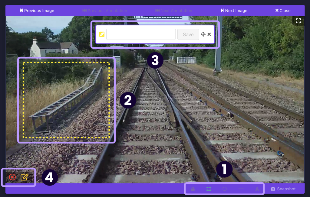 Screenshot indicating the different functions of the Annotation feature in the AIVR Platform