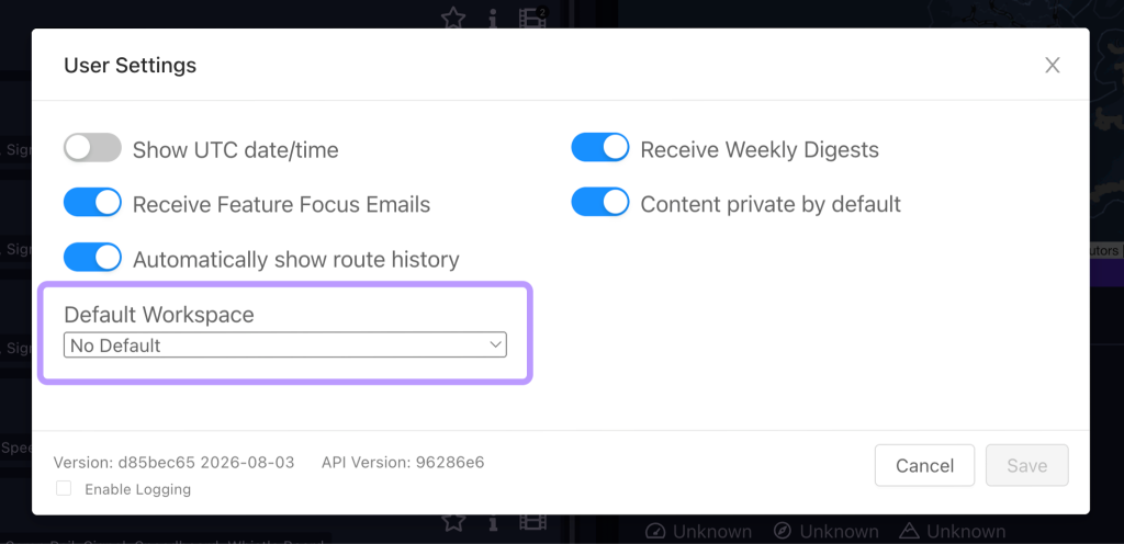 Screenshot showing how to set a default workspace in the AIVR Platform