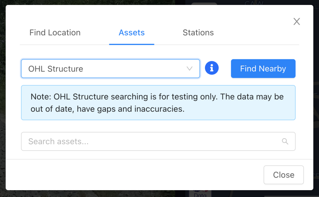 Screenshot showing how to search assets through the Search Location window in the AIVR Platform