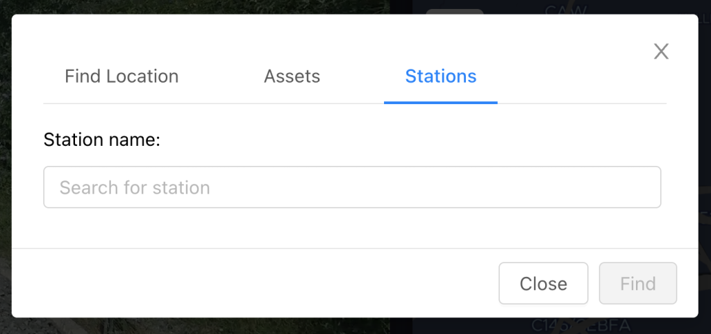 Screenshot showing the station search feature of the Search Location window in the AIVR Platform