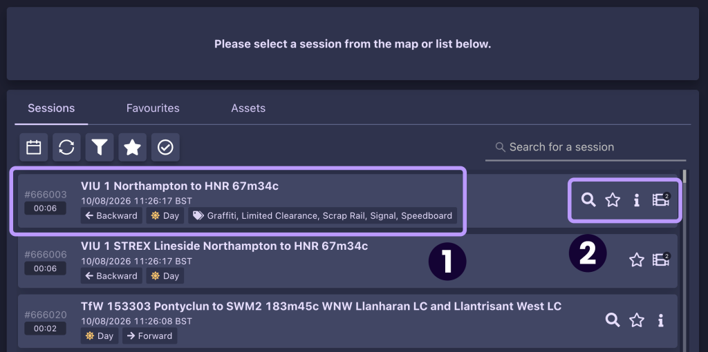 Screenshot indicating the details provided for each session in the Sessions tab in the AIVR Platform