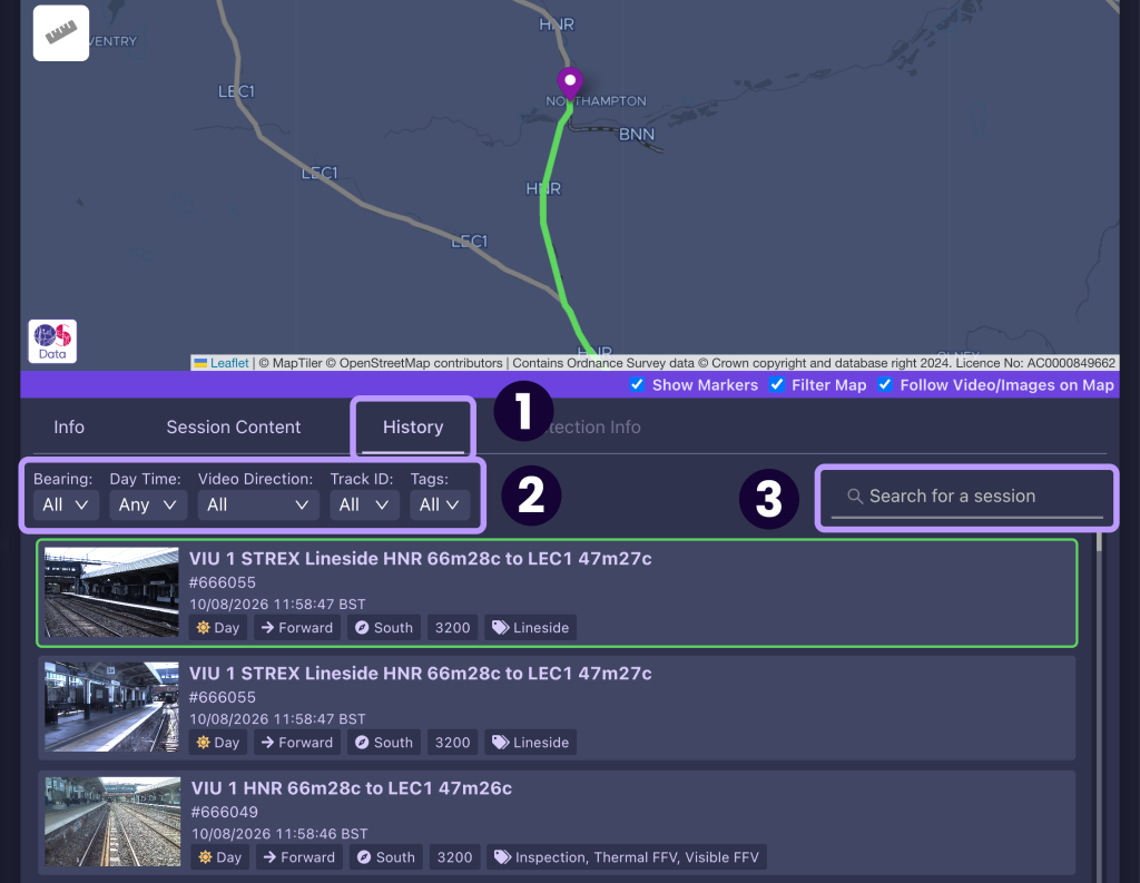 Screenshot showing how to access the History tab and filter historical sessions in the AIVR Platform