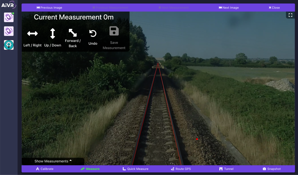 Screenshot showing the options whilst in measure mode in the AIVR Platform