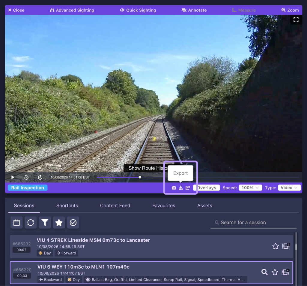 Screenshot demonstrating where to access the export option in the AIVR Platform