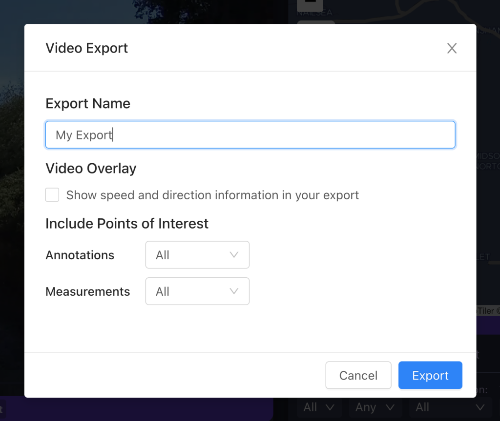 Screenshot of the export panel in the AIVR Platform