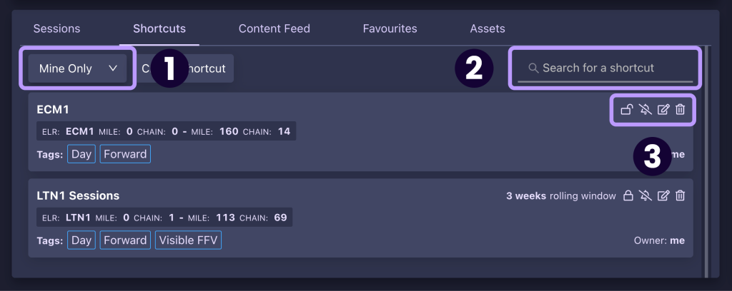 Screenshot showing the different ways of searching for and filtering shortcuts in the AIVR Platform
