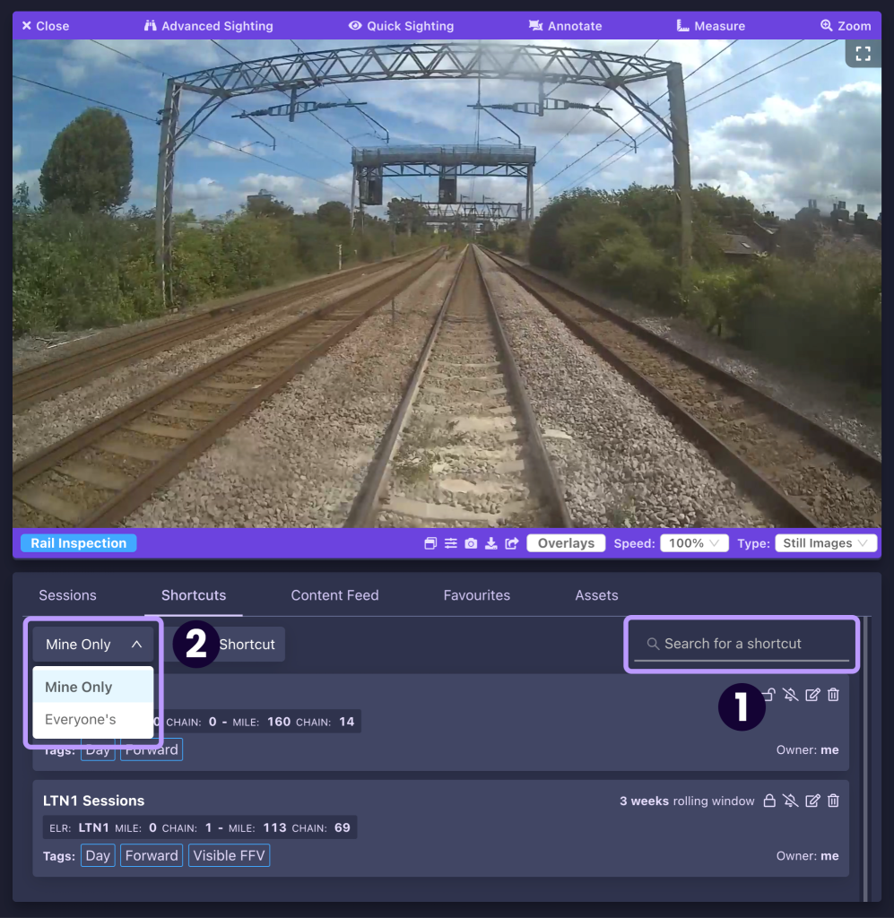 Screenshot showing the filters that can be used to access a shortcut in the AIVR Platform