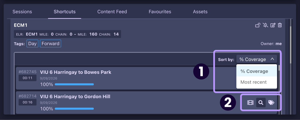Screenshot showing the options for browsing different shortcuts in the AIVR Platform