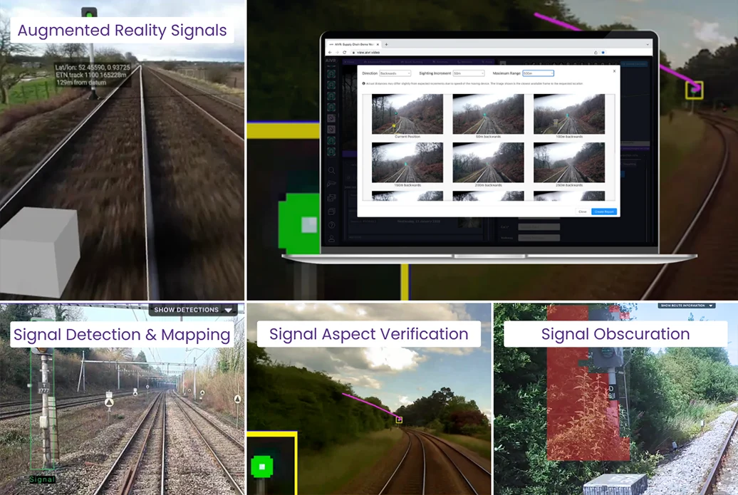 Six AIVR views of signalling detections: augmented reality signal placement on forward-facing video, signal sighting images at set distance increments, signal detection and mapping, aspect verification, and a signal obscured by vegetation.