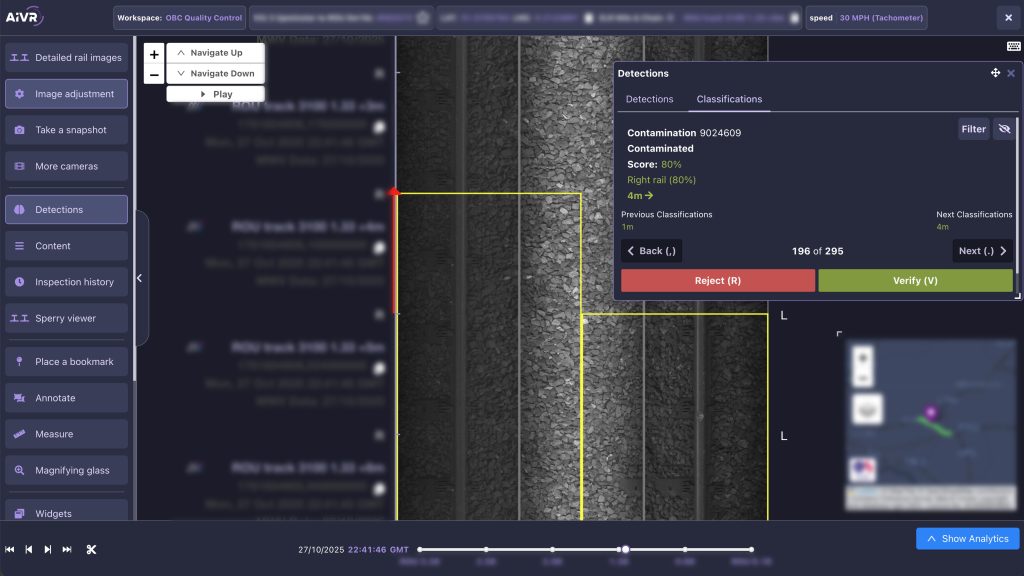 Screenshot of a contaminated rail as detected through the AIVR Platform