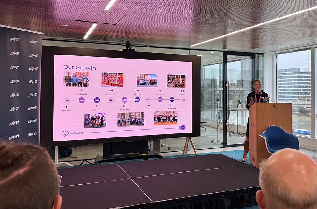 Speaker at a wooden lectern beside a large screen showing an “Our Growth” timeline with team photos