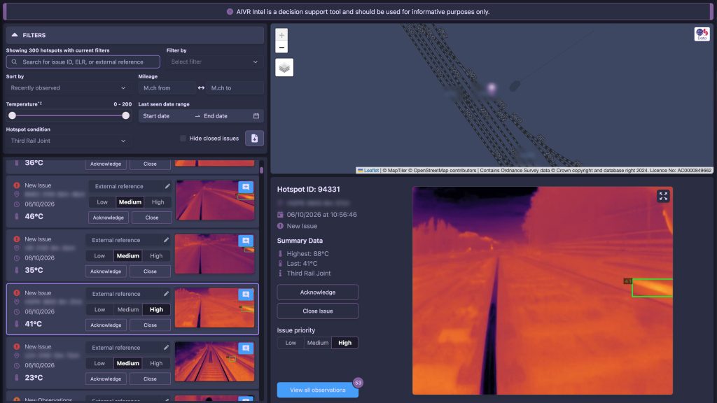 Screenshot of a third rail joint being detected as a thermal hotspot in the AIVR Platform